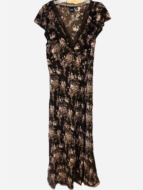Gap Brown Floral Maxi Dress Lace Trim Cottagecore Prairie Boho MT